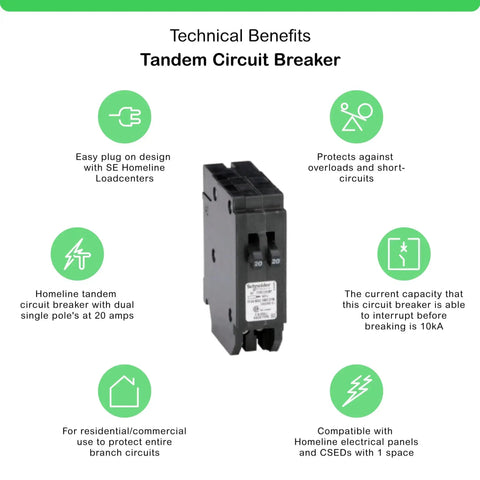Homeline Tandem Circuit Breaker 20 Amp Dual Single Pole With 10kA Interrupt Rating, Easy Plug On Design For Homeline Loadcenters