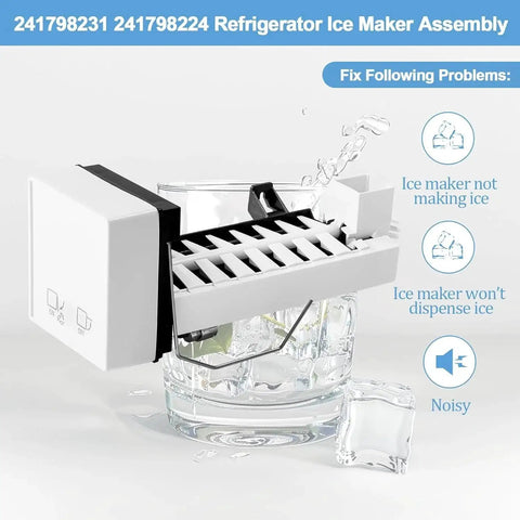 Installed refrigerator ice maker assembly, white with black mounting rail and ice tray