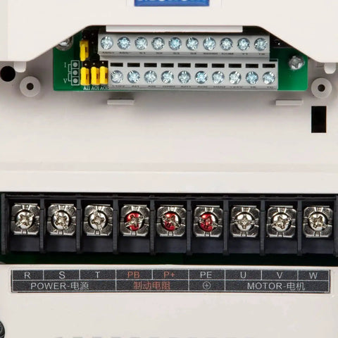 Close-up of terminal connections on VFD 220V 7.5kW 32A 10HP Inverter Drive For CNC Spindle Motor, Converts Single or Three Phase