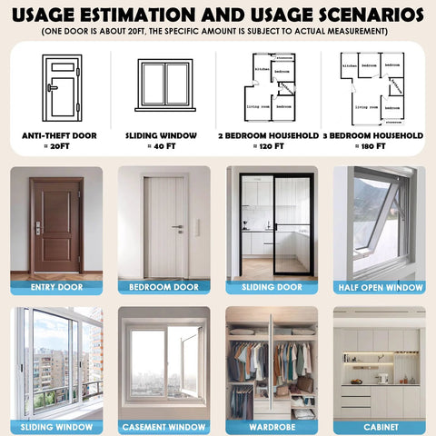 Bantie 20FT weather stripping door seal collage showing entry, bedroom and sliding doors with windows