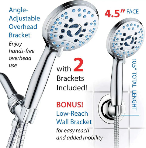 High Pressure 8-Mode Hand Shower With Anti-Clog Nozzles and 6ft Stainless Hose, showing two adjustable brackets and 4.5 inch face