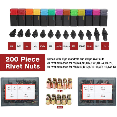 16 Inch Rivet Nut Tool Kit With 13 Metric And SAE Mandrels AIUITIO Edition Nutsert Rivet Tool Set With 200 Rivnuts