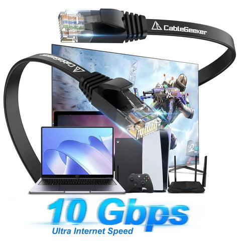 Cat6 Ethernet Cable 10 Ft Flat 5 Pack Snagless RJ45 Connectors with gaming setup and devices in background