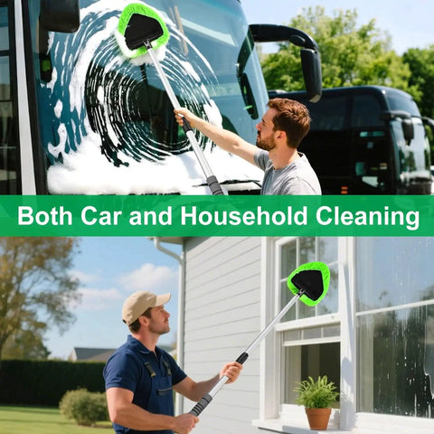 Person using Long Reach Windshield Cleaner Tool With 180 Degree Pivot And Microfiber Pads on vehicle and home window