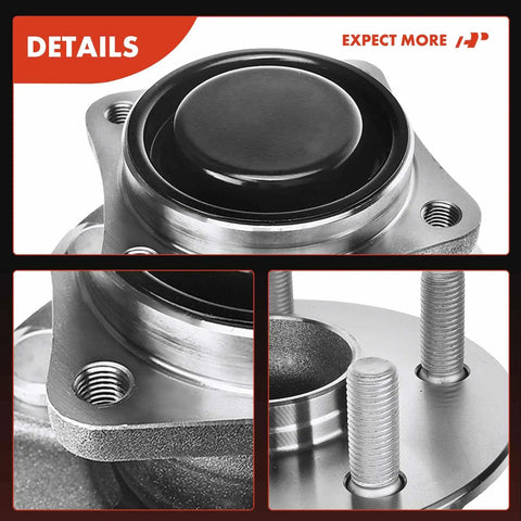 Close-up of Rear Wheel Bearing And Hub Assembly for Toyota Corolla 2003 to 2008 Matrix Celica 2000 to 2005 and Pontiac Vibe Five Lug Front Wheel Drive Non ABS Replacement Quick Fit showing studs and base.