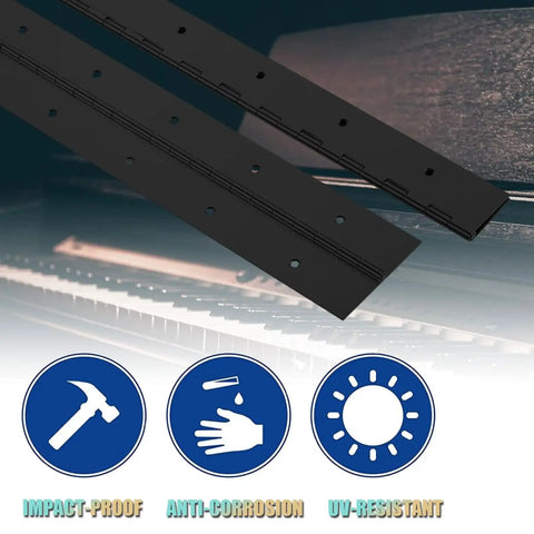 Heavy Duty 12 Inch Stainless Steel 304 Continuous Piano Hinges Matte Black shown uninstalled next to a piano keyboard