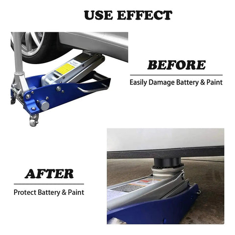 Image showing before and after use of 4 Pack Floor Jack Pad Adapters 3 Inch Rubber Pinch Welds Protector For Rails on a jack.