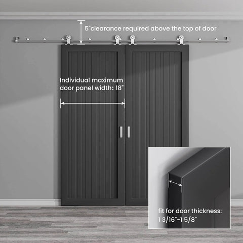 10 Ft Top Mount Sliding Barn Door Hardware Kit With Stainless Steel Track And Roller System, Heavy Duty Sturdy Double Door T Shaped Kit For Smooth Quiet Sliding, Rust Resistant And Easy Install installed on dark doors.