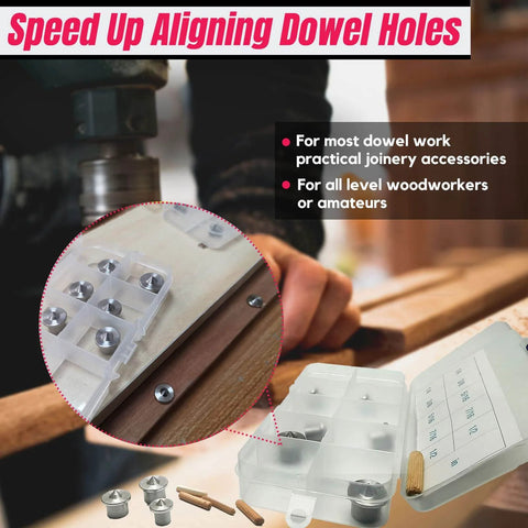 Person using Stainless Steel Dowel Pin Centers Drilling Hole Tool Set for Woodworking, 20 pc centering pins on wooden board