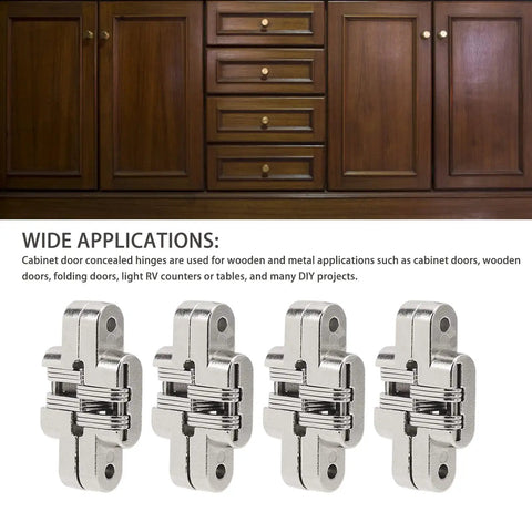 Mini Zinc Alloy Cross Hidden Door Hinge Set Four Pack 180 Degree Full Swing Invisible Hinges For Jewelry Box Cabinet Folding Door Sturdy Concealed Hardware For DIY Projects