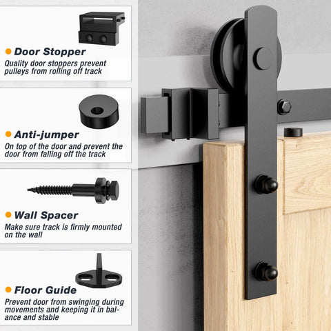 Image of 12 Foot Heavy Duty Sliding Barn Door Hardware Kit For Double Doors With slick glide, showing door stopper, anti-jumper, wall spacer.