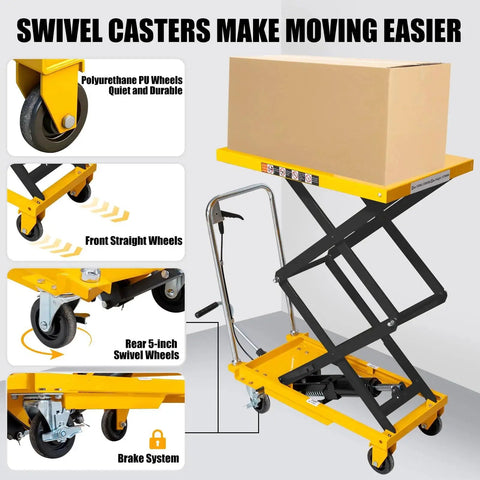 Front view of a hydraulic lift table cart with a yellow platform and black scissor frame lifting a box; four wheels.