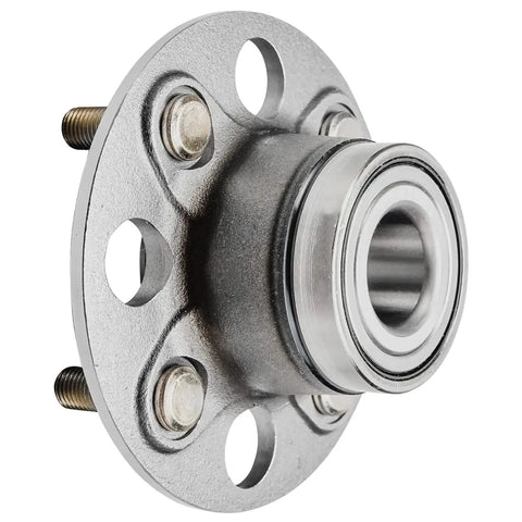 Side view of Two Piece Rear Wheel Bearing Hubs Kit For 2001 Through 2005 Honda Civic Complete Rear Assembly For Left And Right Sides 4 Bolt Design ABS Ready Replacement showing metal construction and 4-bolt holes.