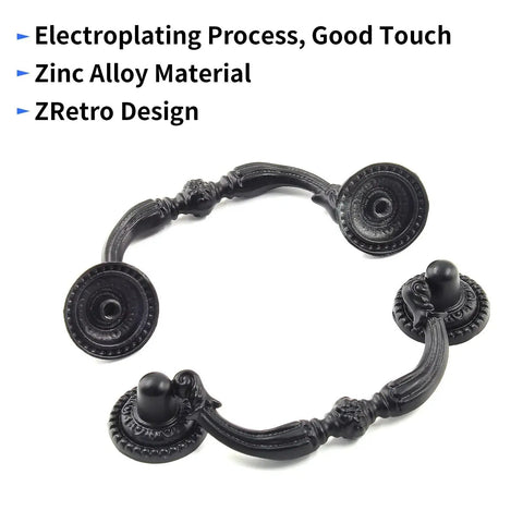 Antique Black Bail Drop Drawer Pulls 4 Pack With 3.5 Inch Hole Center And 4.72 Inch Total Length, shown in zinc alloy material.