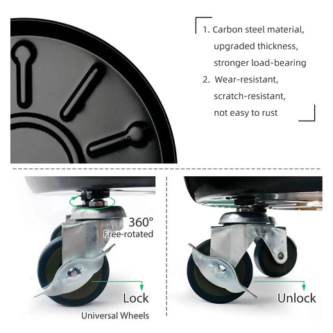 Close-up of Heavy Duty Plant Caddy with Universal Wheels 3 Pack, showcasing carbon steel wheels, lock mechanism, and non-slip tray.