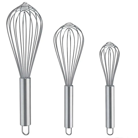 Front view of 3 Pack Stainless Steel Balloon Whisks Set For Cooking, Blending, Beating And Stirring, Heavy Duty 8, 10, 12 Inch wires