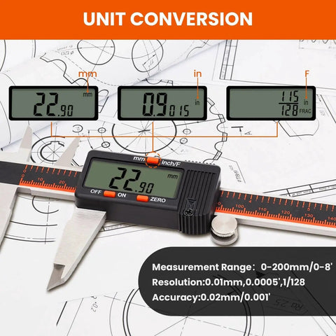 Workhorse Digital Caliper 0 To 8 Inch Range With Large LCD Auto Off Inch Fractions And MM Conversion on technical drawing