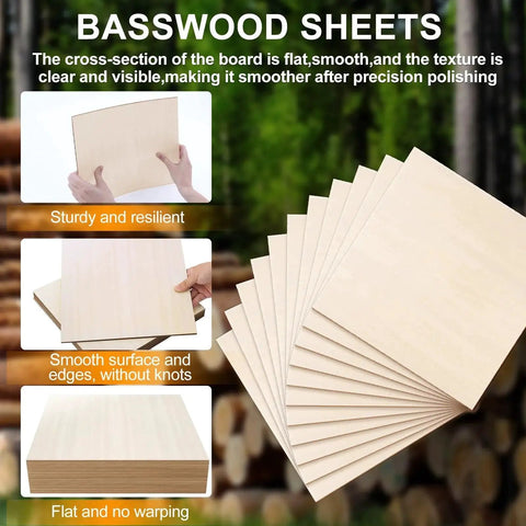 Basswood Sheets For Laser Cutting And DIY Crafts, 11.8 x 11.8 Inch Unfinished Plywood, 26 Packs, shown in various views