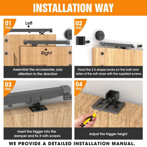 Installation steps for Soft Close Barn Door Kit For Sliding Systems And Flat Track With Buffer Damper Anti Slam Mechanism