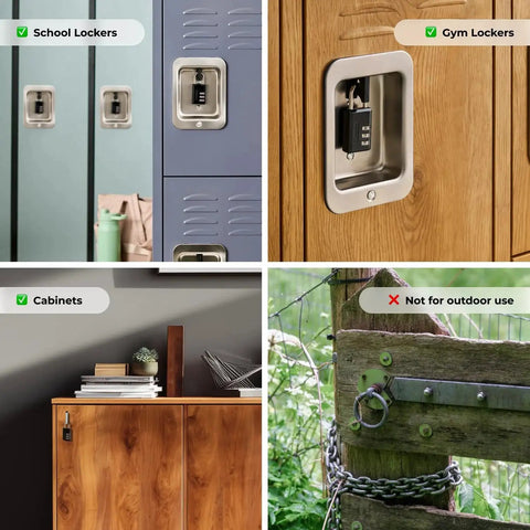 Four images showing a Three Dial Combination Padlock for Indoor Lockers Luggage and Cabinets in lockers, cabinets, and outdoor fence.