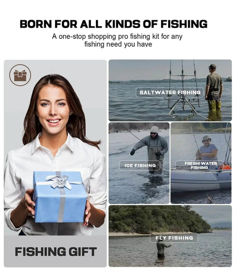 Woman holding fishing gift box next to images of saltwater, ice, freshwater, and fly fishing in different environments.