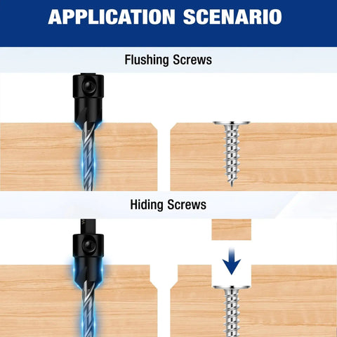 Five Pack Countersink Drill Bit Set For Wood And Metal With M2 High Speed Steel Pro Grade Four Flute Design Adjustable With Included Hex Key Sizes 4 6 8 10 12 By WorkPro application scenarios for flushing and hiding screws in wood.
