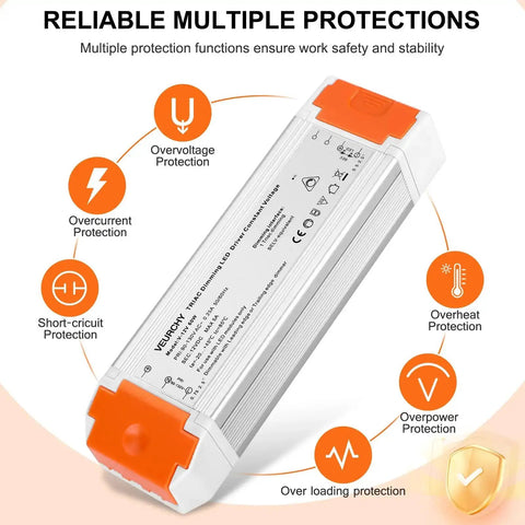 Dimmable LED Driver 12V DC 60W Triac Dimming Transformer for LED Strip Lights with orange isolation protection cover and safety features