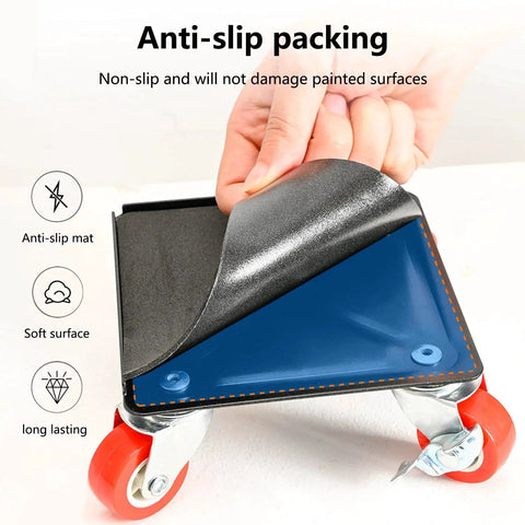 Close-up of anti-slip mat on heavy duty furniture dolly for moving large furniture and appliances with five 360 degree rotating rubber wheels
