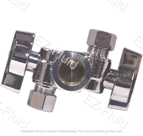 No-Fuss Brass Three-Way Angle Stop Valve With Dual Outlets, Two Handles, Quarter Turn, Five-Eighths Inch Inlet, Chrome Finish