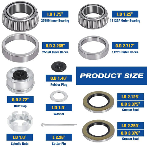 Boat Trailer Bearing Kit With Grease Seals 10 36 22333TB Spindle Nuts 2.72 Inch Dust Caps Rubber Plugs Cotter Pins Washers