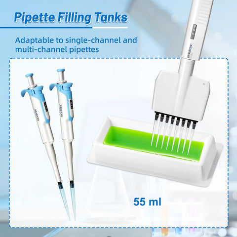 55 ml reagent reservoir in white PS with green solution, pack of 20, shown with blue pipettes