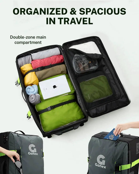 Open view of Rugged Rolling Duffle Bag With Wheels For Travelers, Water Repellent 30 Inch Nylon Large Wheeled Travel Duffle Luggage With TSA Lock And Telescopic Handle, 100L Capacity, Green Gonex, showing packed interior compartments.