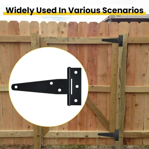 4 Pack Heavy Duty T Strap Gate Hinges for Barn Doors, Black 4 Inch Tee Hinges on wooden gate, showing usage on fence