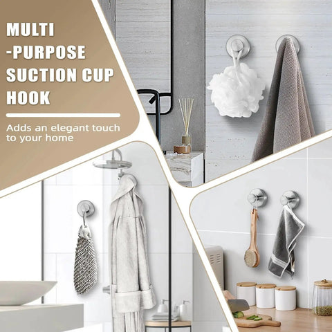 Suction Cup Hooks for Shower and Bathroom No Drill Installation in use with towels and loofah on glass and tile surfaces in bathroom.