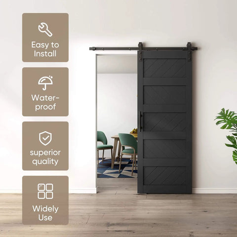 32x84 Inch Wave Style Sliding Barn Door Kit With Hardware Included, Solid Wood Core With MDF And PVC Covered, Easy Installation, Dope Black Finish, Farmhouse Ready Door For Living Room, Bedroom Or Kitchen Renovation. Shown installed in modern living space with wood floor.