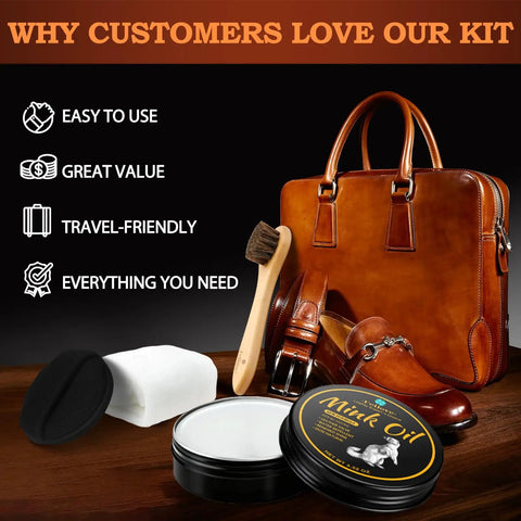 All in One Mink Oil Leather Care Kit With Cleaner And Conditioner, Horsehair Brush, Sponge And Towel For Boots Shoes And Bags on display with footwear and bag.