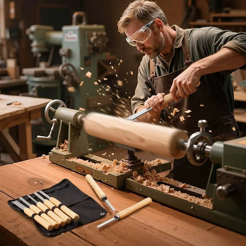 Woodworker using lathe with 8-Piece Wood Lathe Tool Set With Carbon Steel Blades For Beginners To Pros in workshop