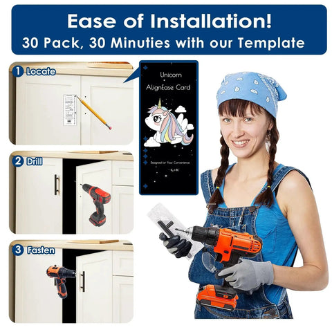 Woman holding drill with steps to install 60 Pack 3 Inch Center To Center Matte Black Cabinet Pulls For Kitchen Cabinets Drawers Cupboards