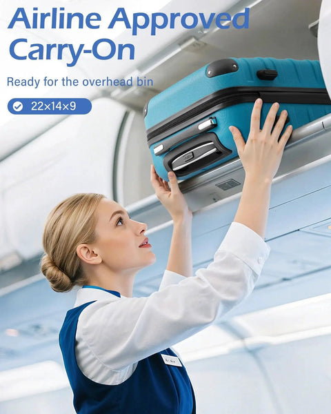 Flight attendant placing Lake Blue Three Piece Hardside Luggage Set By Coolife With TSA Lock in overhead bin, showing carry-on size.
