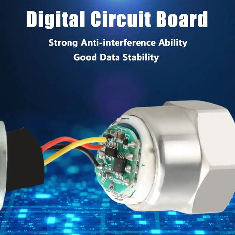 Close-up of 100 Psi Stainless Steel Pressure Transducer Sensor With Connector Harness, showing internal digital circuit board.