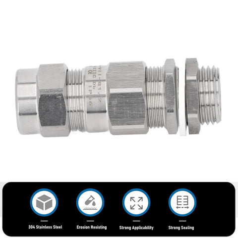 Waterproof Explosion Proof Cable Gland 304 Stainless Steel Dual Sealing Armored Protector shown in side view.