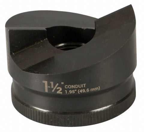 Close-up of 1-1/2 Inch Slug-Buster Knockout Punch for electrical conduit with knurled grip, laser markings, multicolor finish.