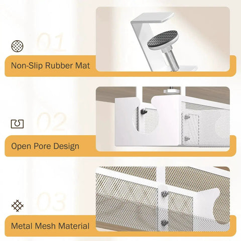 Under Desk Cable Management Tray No Drill Metal Mesh Organizer with F Clamp, non-slip mat, open holes, white, detail view