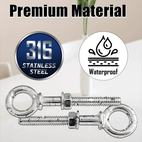 Six Pack 1/4 Inch By 3 Inch Stainless Steel Eyebolts With Nuts And Washers Plus Drill Bit Included For Quick Rugged Lifting And Easy Rigging Built Tough With T316 Shoulder Ring shown with premium material label.