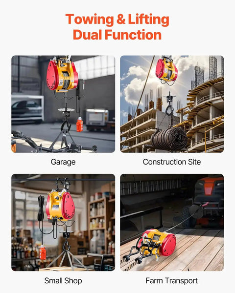 Collage showing 2 In 1 Electric Hoist Winch 1100 Lb Capacity 1800W 98 Ft Lift Remote Control in various settings