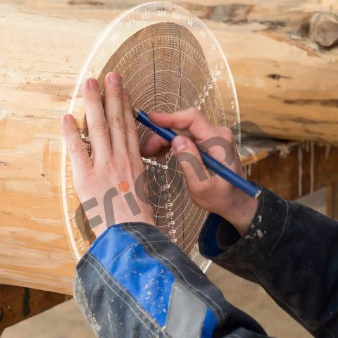 Person using Round Center Finder Compass For Lathe Work And Woodturning 12 Inch Circle Gauge on a wooden log to draw accurate circles.