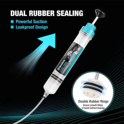 Close-up of 500cc Fluid Extractor with Long Hose and Extension Tubes for Brake Fluid and Oil, highlighting double rubber sealing.