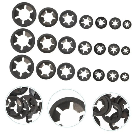 630 Piece Bearing Clip Washer Set With Carbon Steel Locking Washers And Internal Tooth Design For Extra Grip And Stability, shown in various sizes.