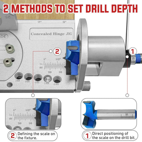 Close-up of 35mm Concealed Door Hinge Jig for Cabinets with Quick Clamp and Dust Vacuum Adapter, showing drill depth settings.
