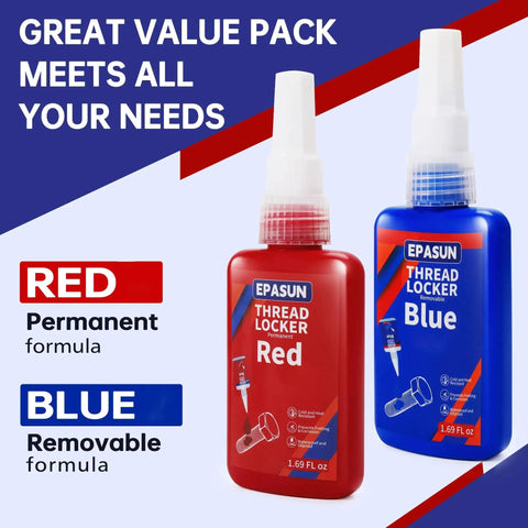 Blue And Red Thread Locker Set Two 50ml Bottles Medium And High Strength For Nuts Bolts And Metal Fasteners Prevents Loosening And Corrosion Ideal For Automotive DIY And Industrial Projects visible next to text highlighting permanent and removable formulas.